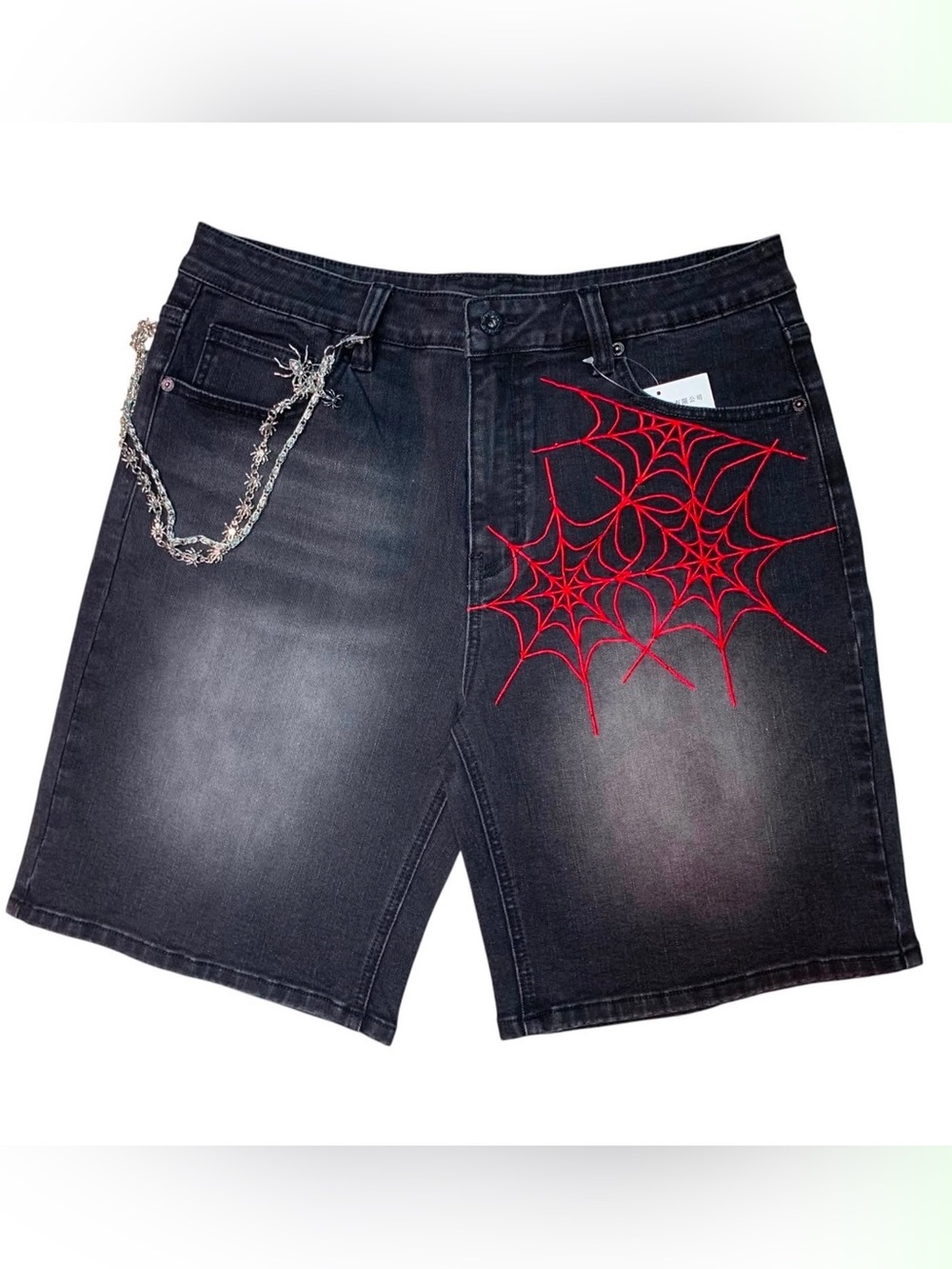 Sz 34 Men's Black Denim Shorts with Red Spider Embroidery